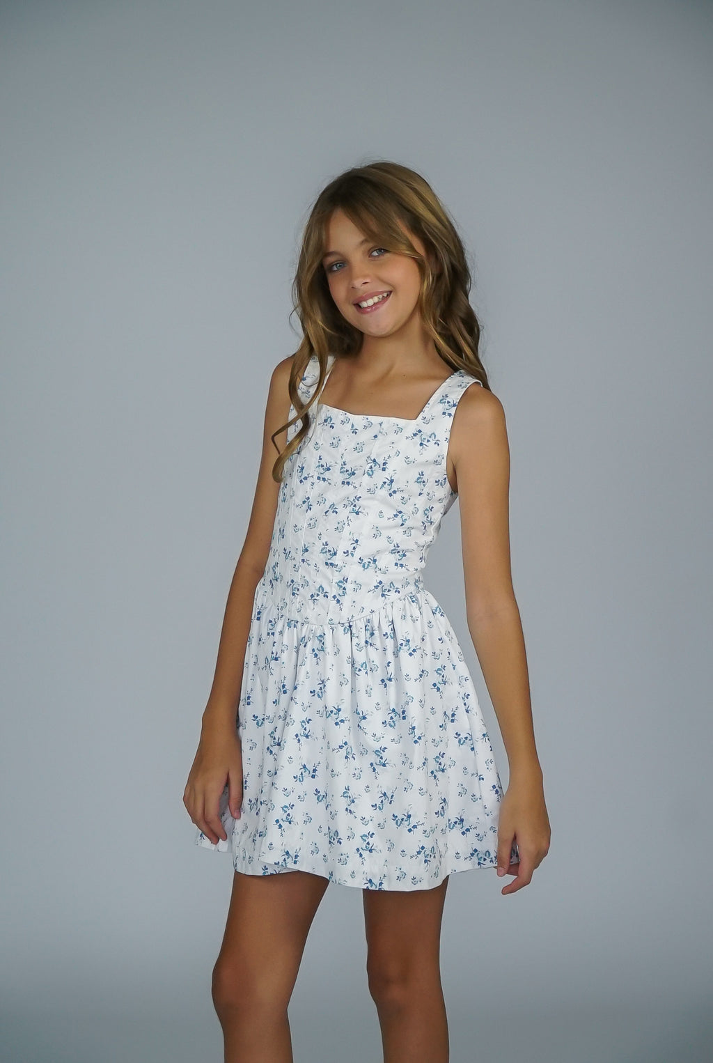 Zoe Flower 3 4 Puff Calf Dress Blue Aster Aop Flowe