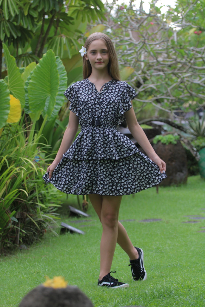 black and white frill dress Rihanna Ruffle Dress