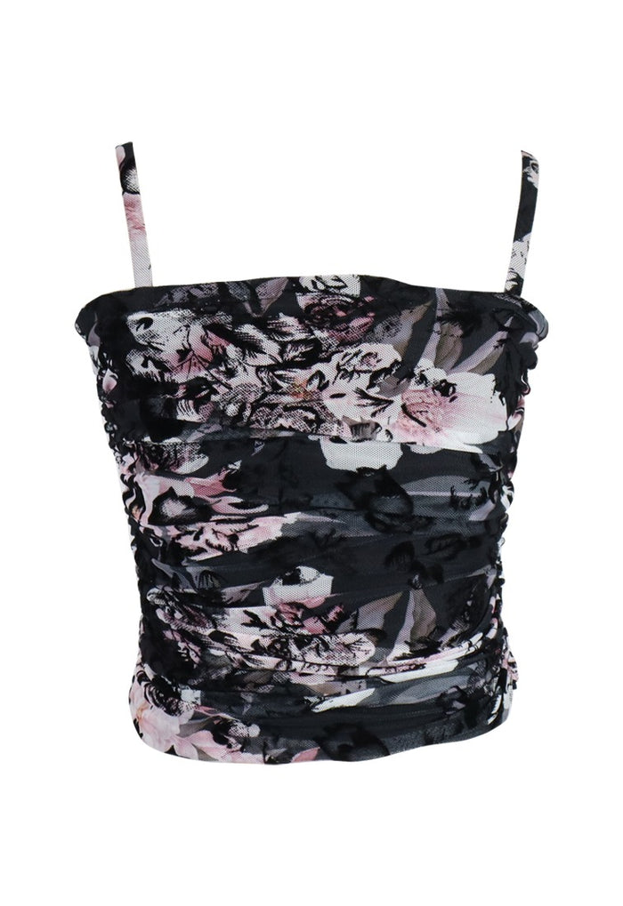 *Black Pink Floral Rusched Top*
