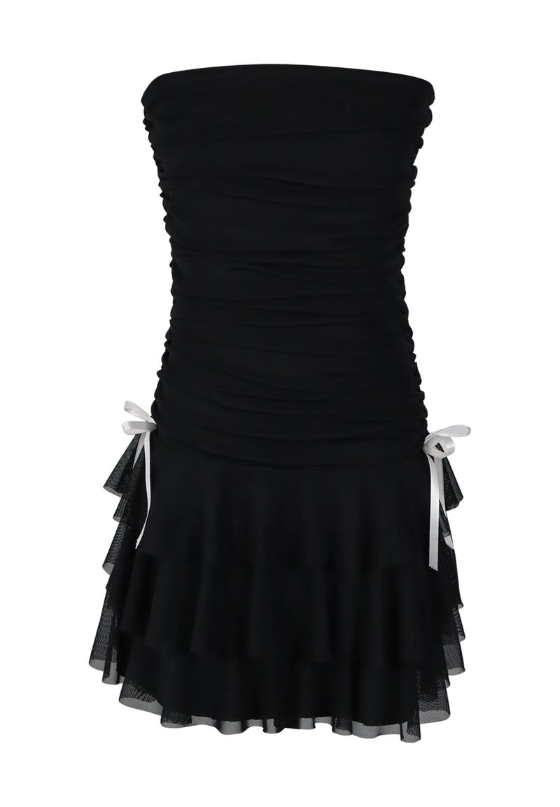 *Tulle Net Ruched Tube Top Dress*