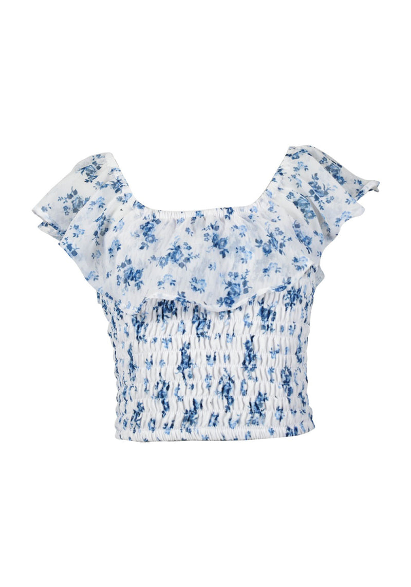 *Blue Flower Printed Smocked Top*