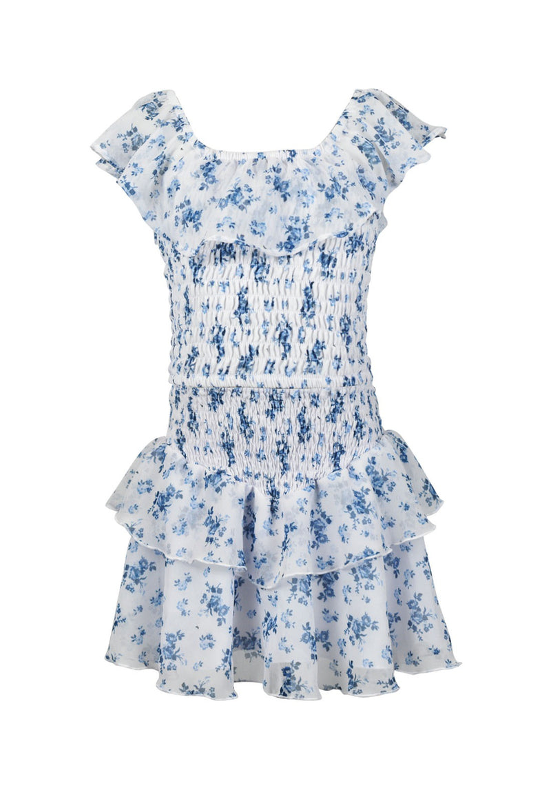 *Blue Flower Printed Smocked Top*