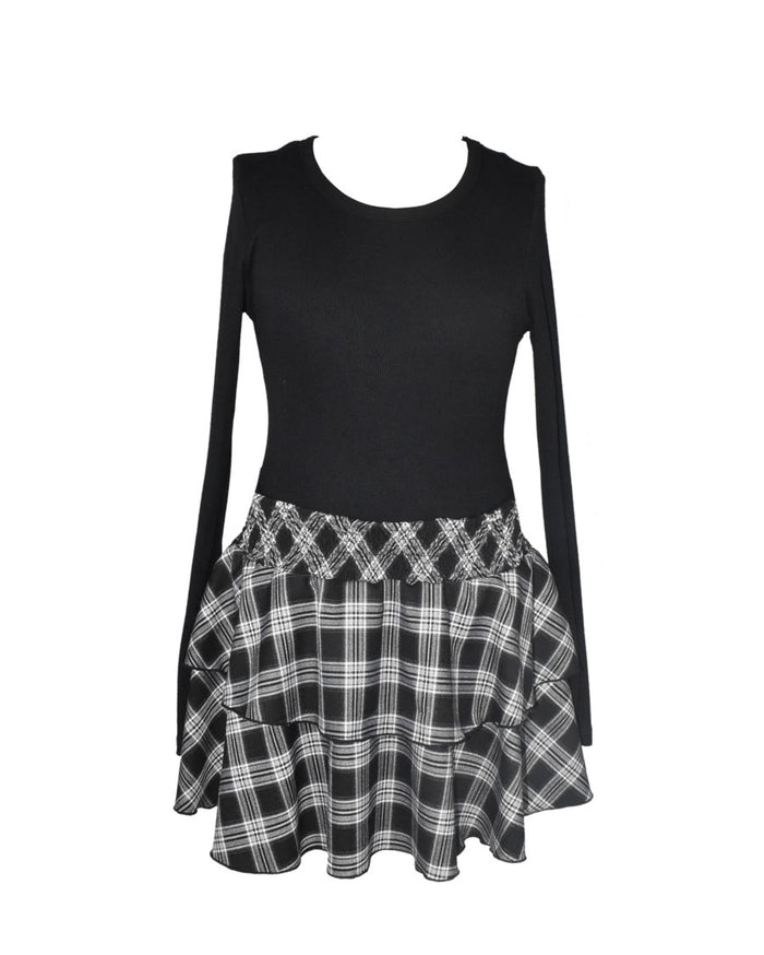 *Black White Plaid Long Sleeve Dress*