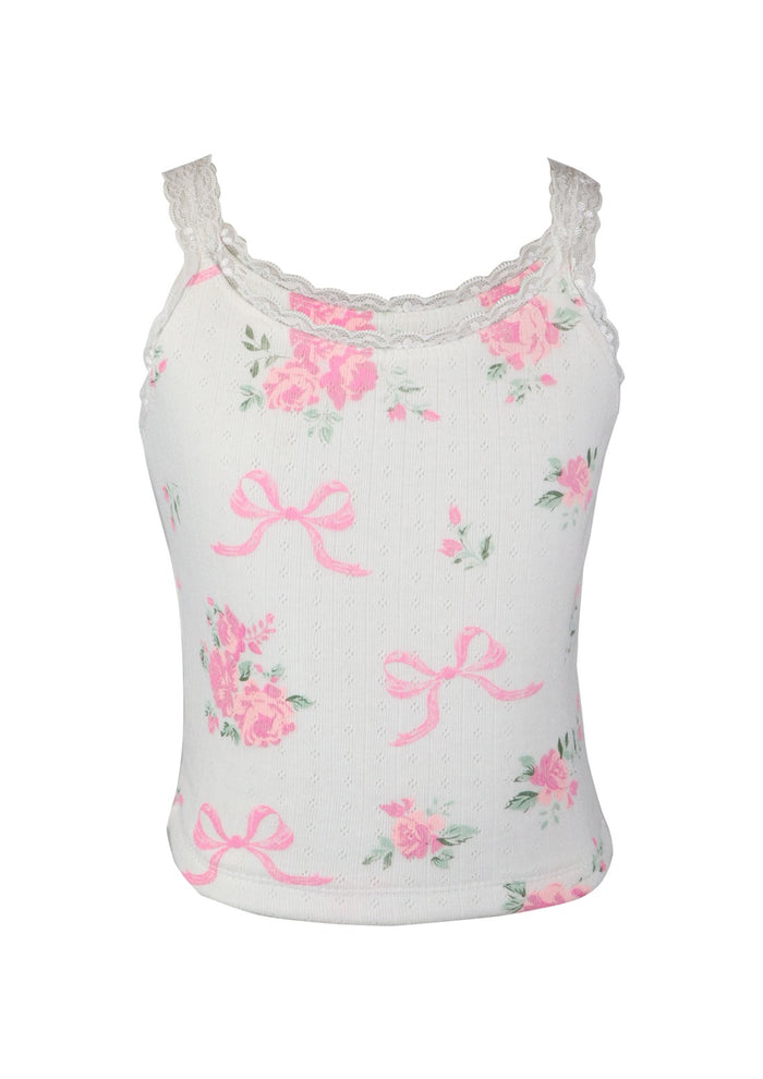 *Rib Printed Trim Lace Tank