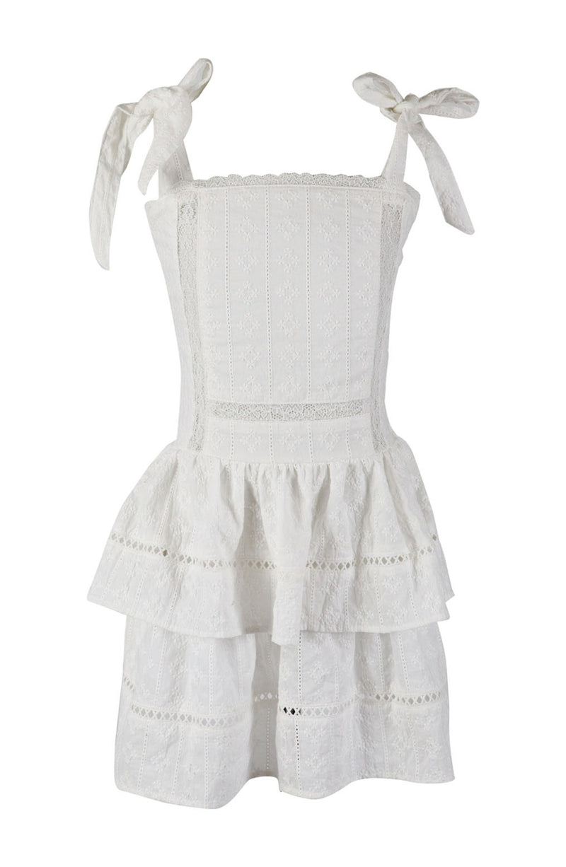 *Line Eyelet Ties Ruffle Dress*