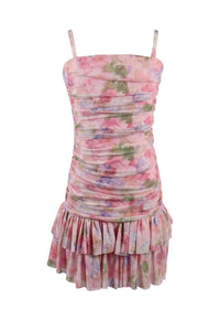 *Tulle Net Floral Printed Cami Ruffle Dress*