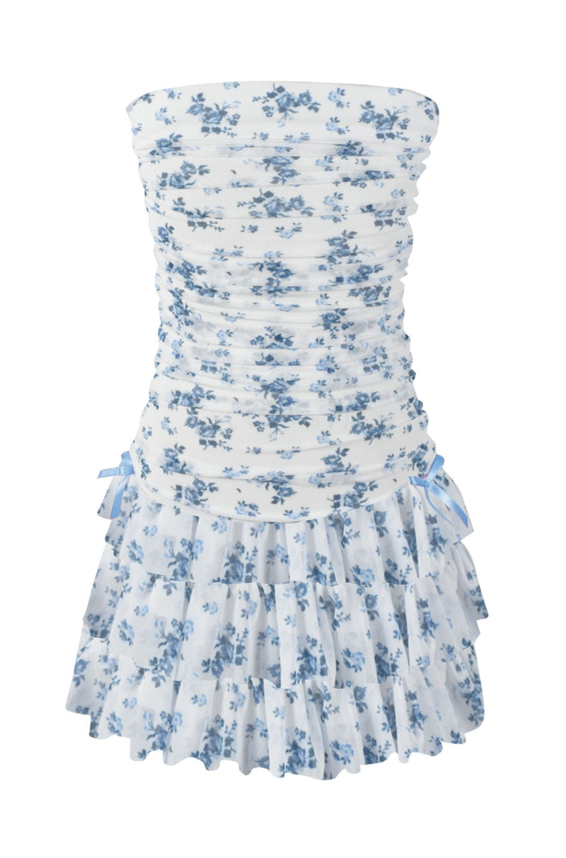 *Tulle Net Ruched Tube Top Dress*