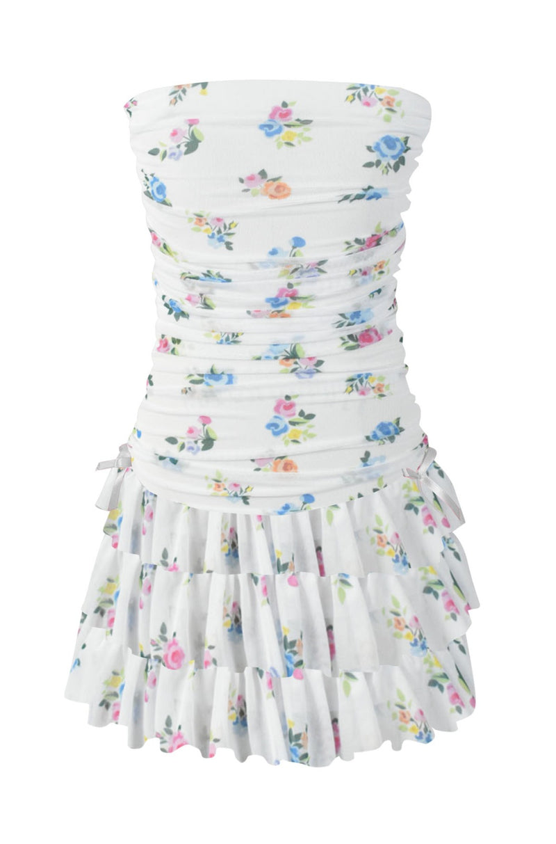 *Tulle Net Ruched Tube Top Dress*