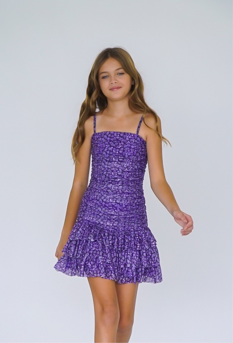 *Purple Floral Ruched Ruffle Dress*
