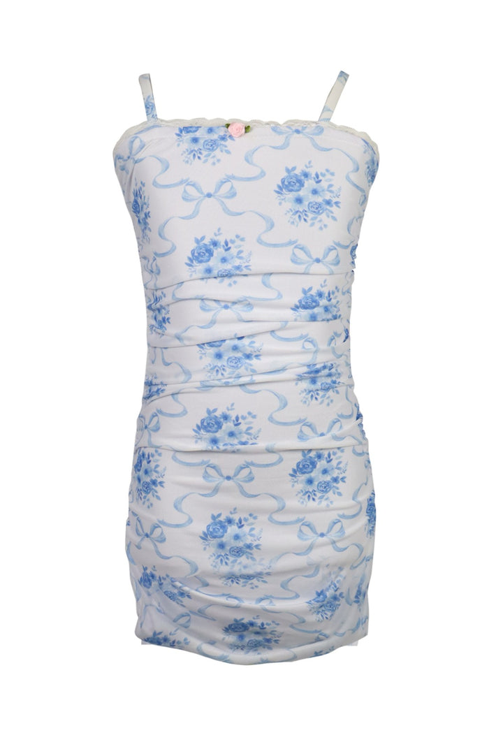 *Tulle Net Floral Printed Ruched Dress*