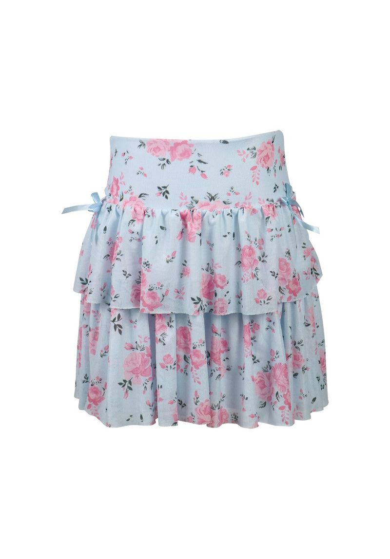 *Tulle Net Floral Print Bow Ruffle Skirt*