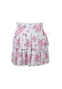 *Tulle Net Floral Print Bow Ruffle Skirt*
