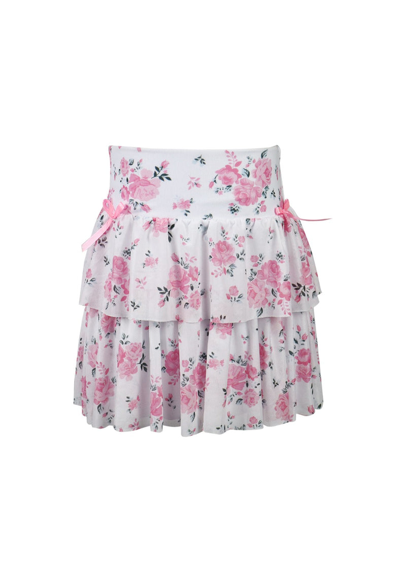 *Tulle Net Floral Print Bow Ruffle Skirt*