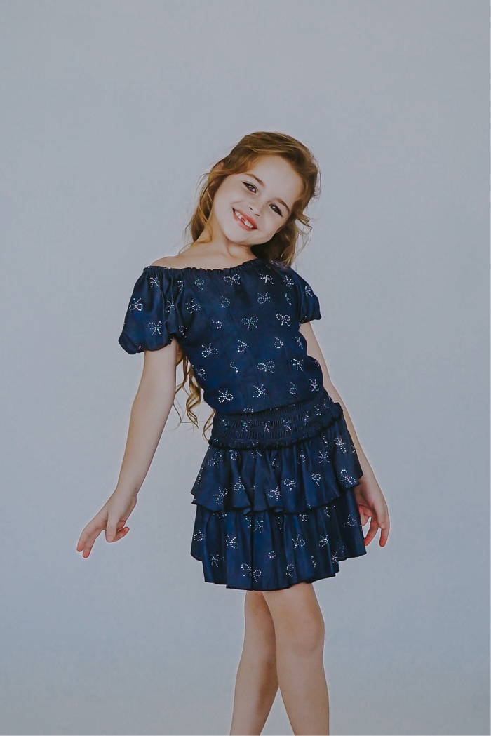 *Chambray Bow Corset Puff Sleeve Top*