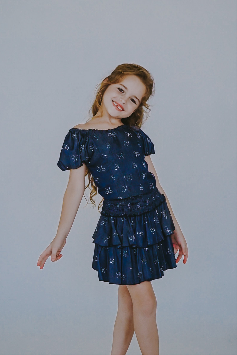 *Chambray Bow Corset Puff Sleeve Top*