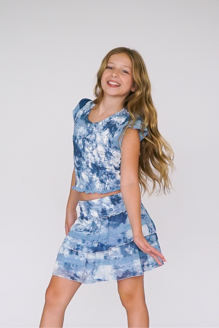 *Tie Dye Blue Lace Smocked Top*
