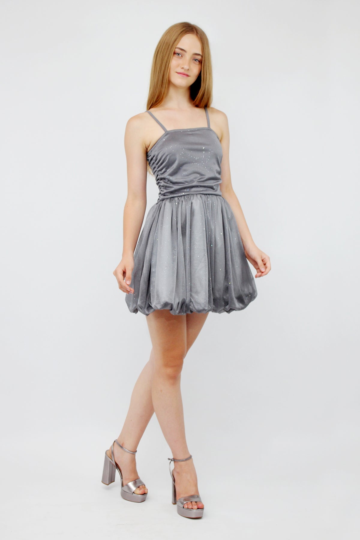 silver bubble dress Reclaimed Vintage Limited Edition mini dress with dropped waist and bubble sleeves in silver glitter