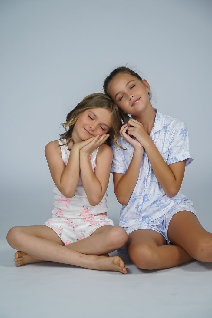 *Pointelle Pink Rose Bow Button Down Short*