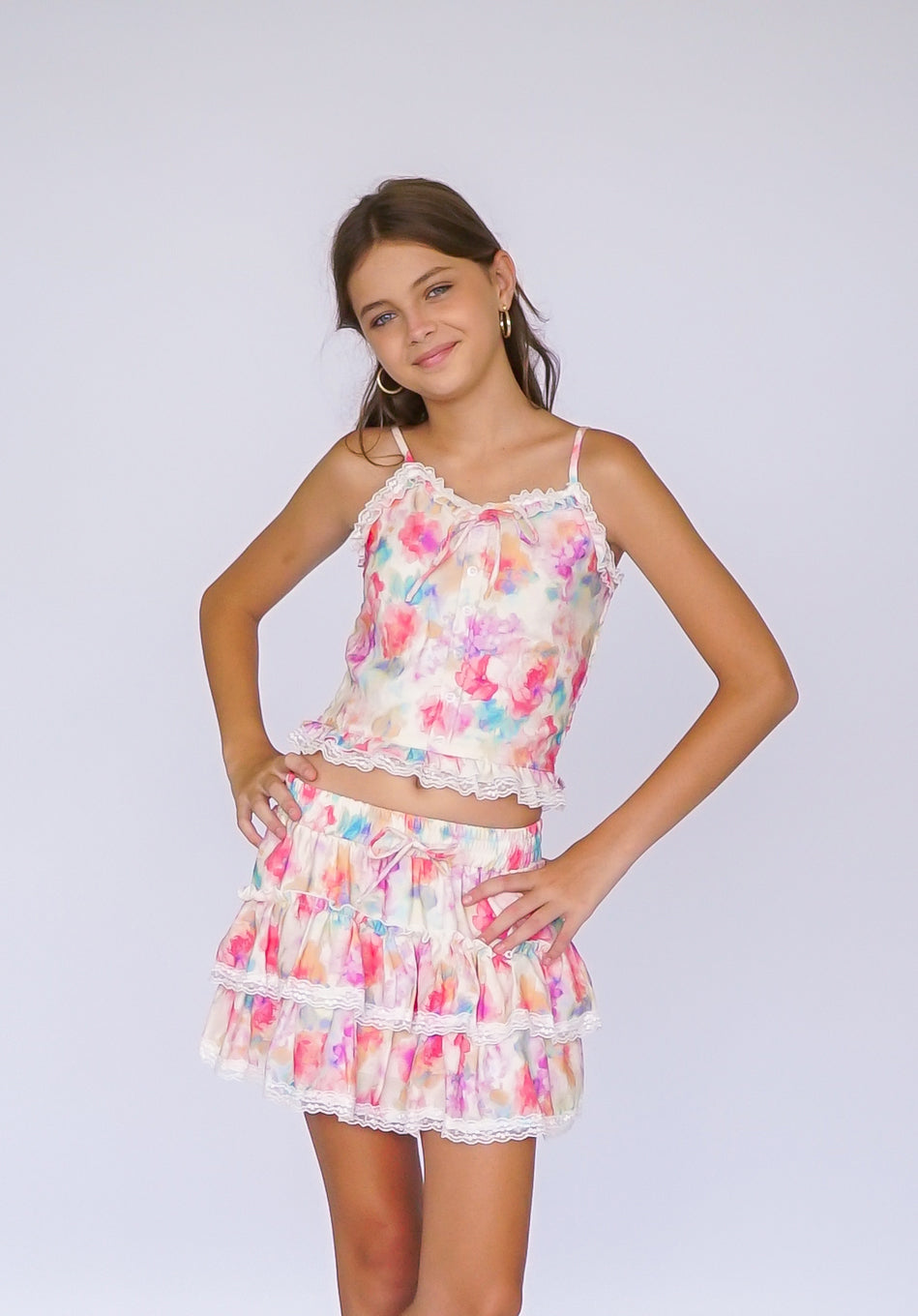 *Watercolor with Trim Lace Top*