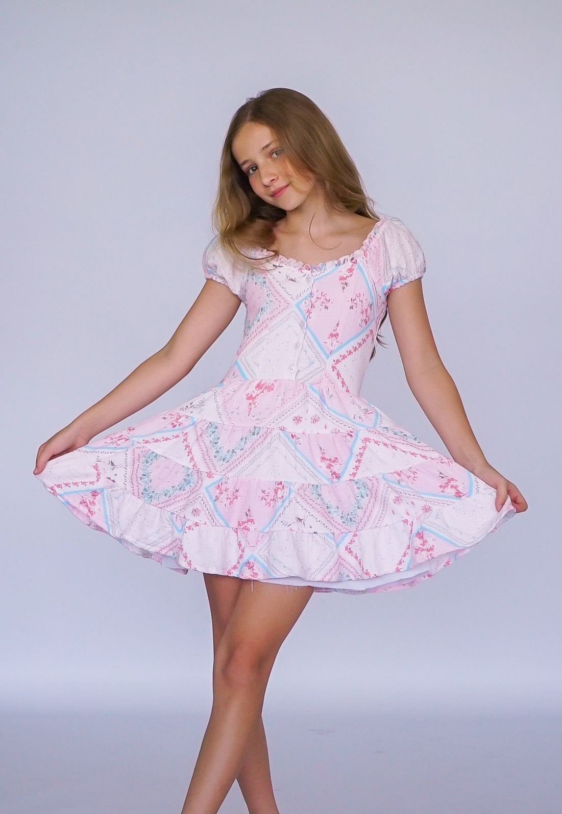 *Handkerchief Printed Puff Sleeve Dress*