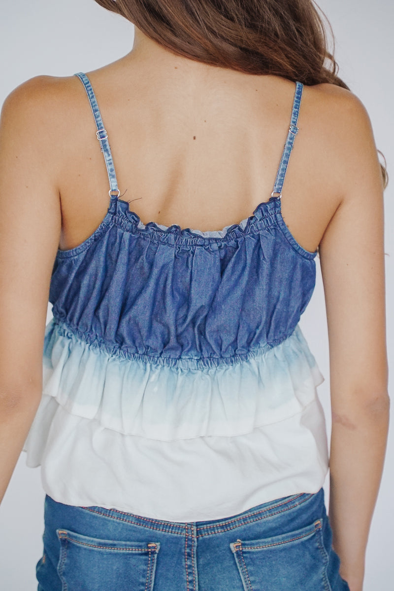 *Chambray Denim Ombre Ruffle Top*