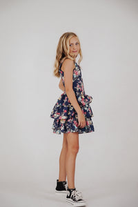 *Navy Floral Corset Ruffle Dress*