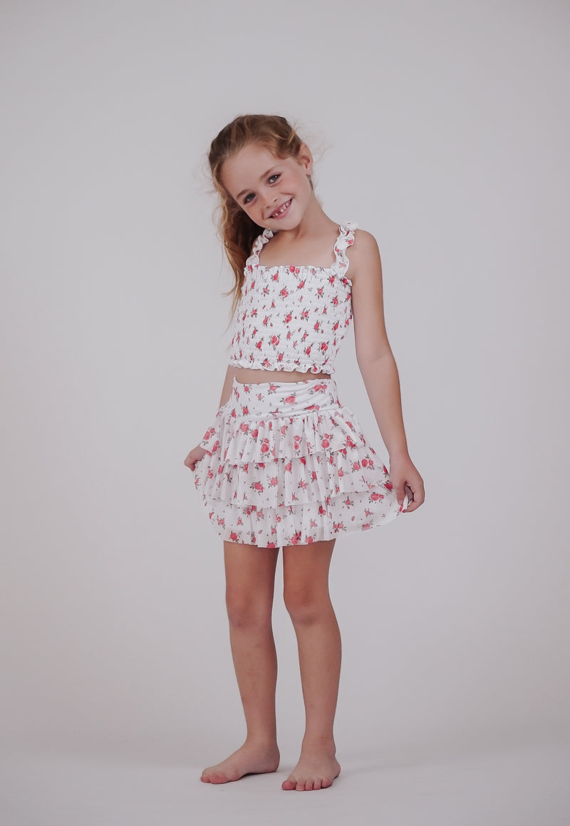 *White Pink Floral Printed Smocked Top*