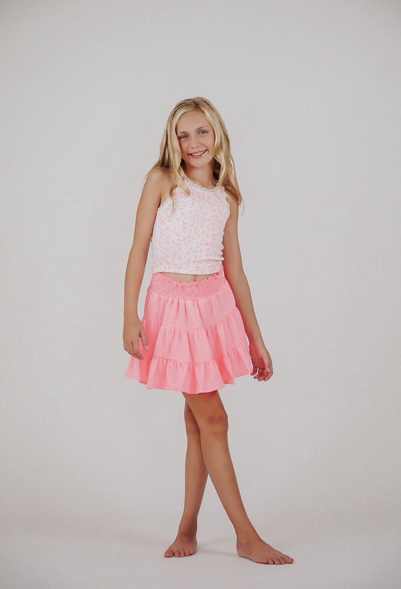 *Neon Coral Smocked Waist Band Skirt*