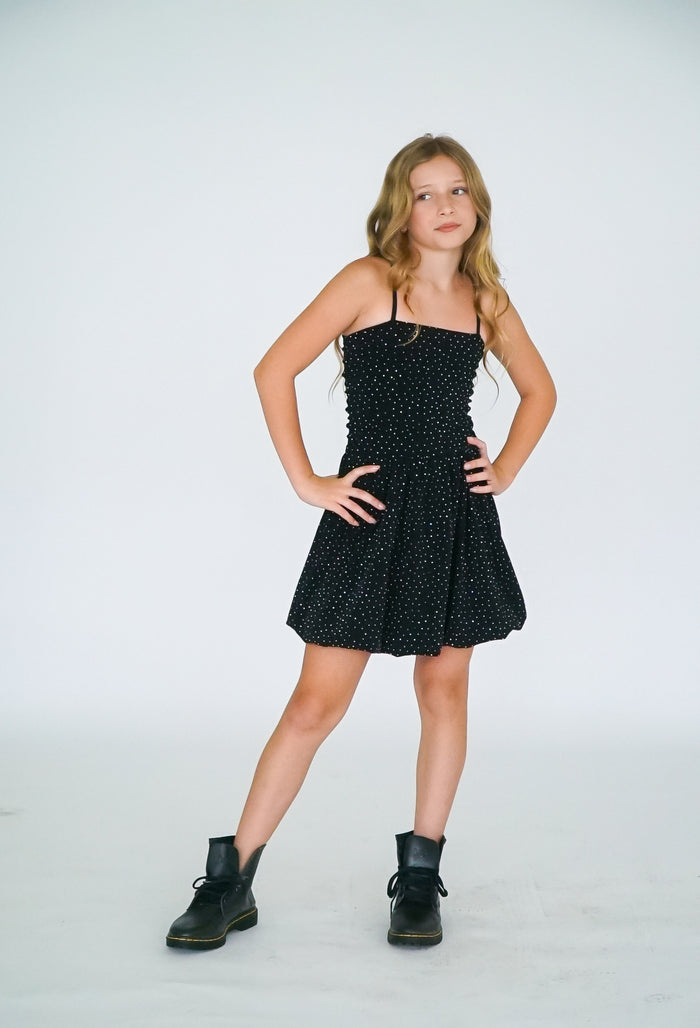 *Allover Studded Metallic Bubble Dress*