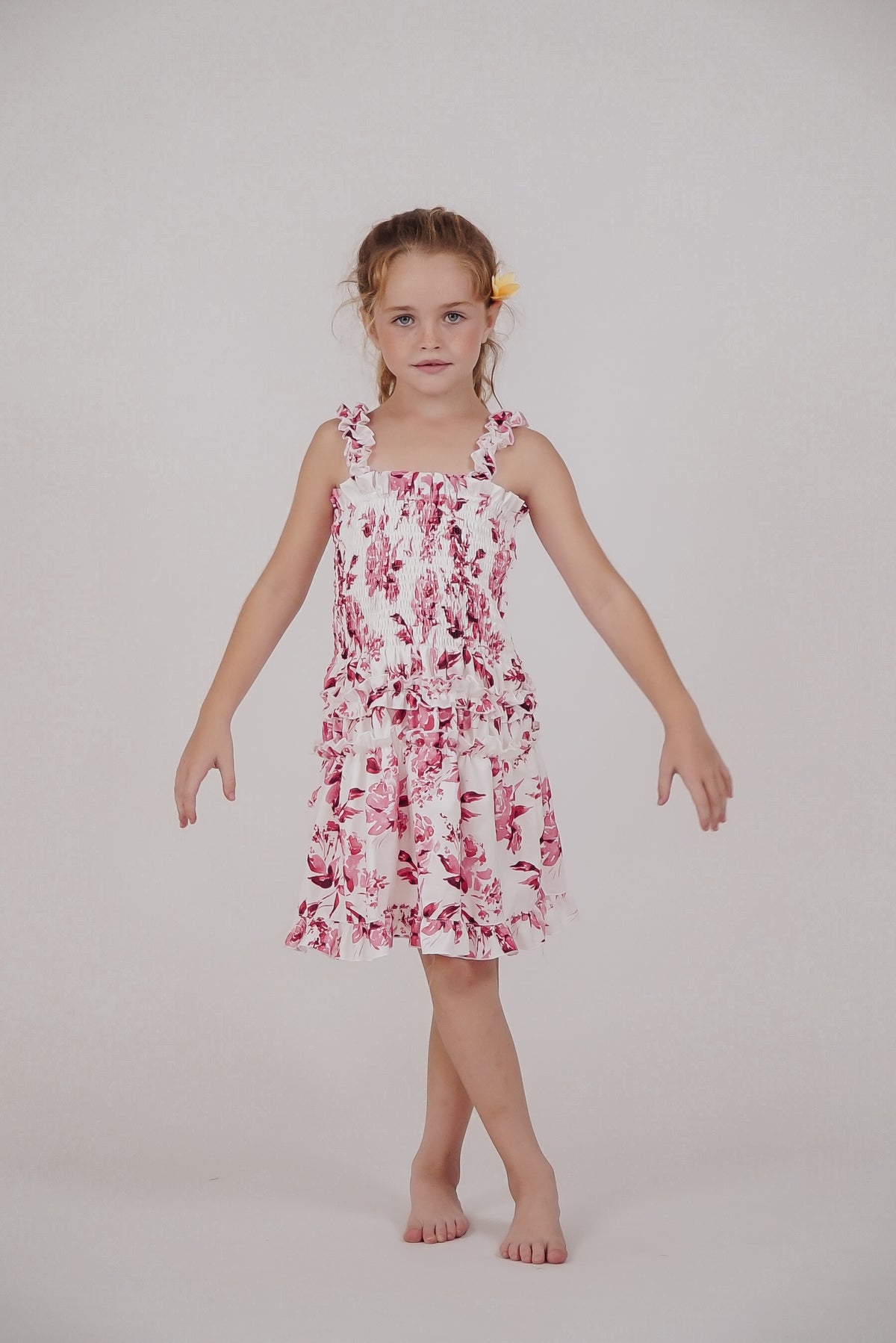 *Pink Floral Smocked Flutter Sleeve Dress*