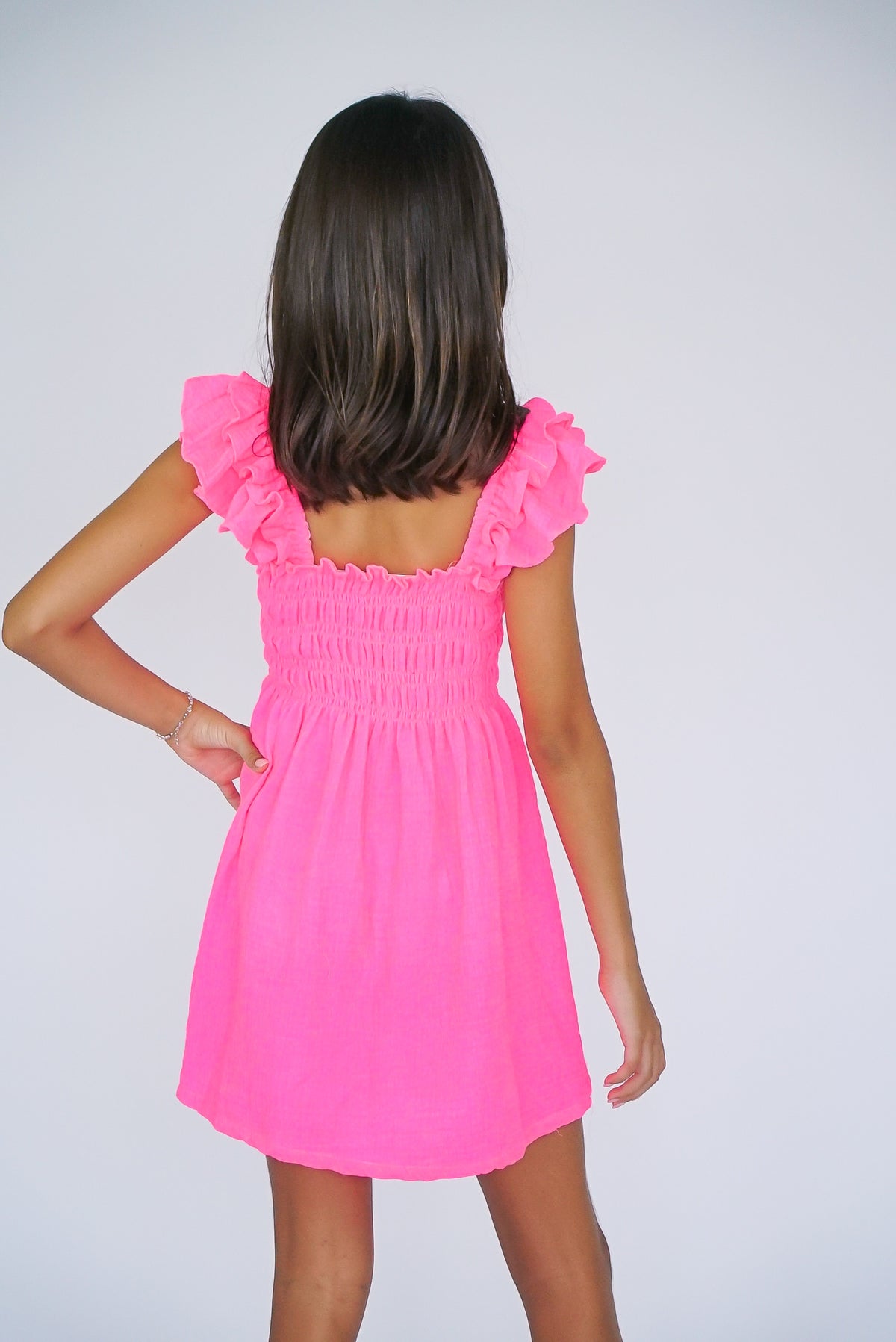 *Hot Pink Smocked Flutter Sleeve Dress*