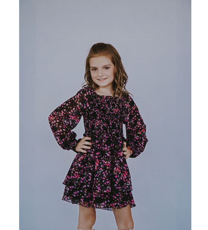 *Ciffon Floral Long Sleeve Smocked Dress*