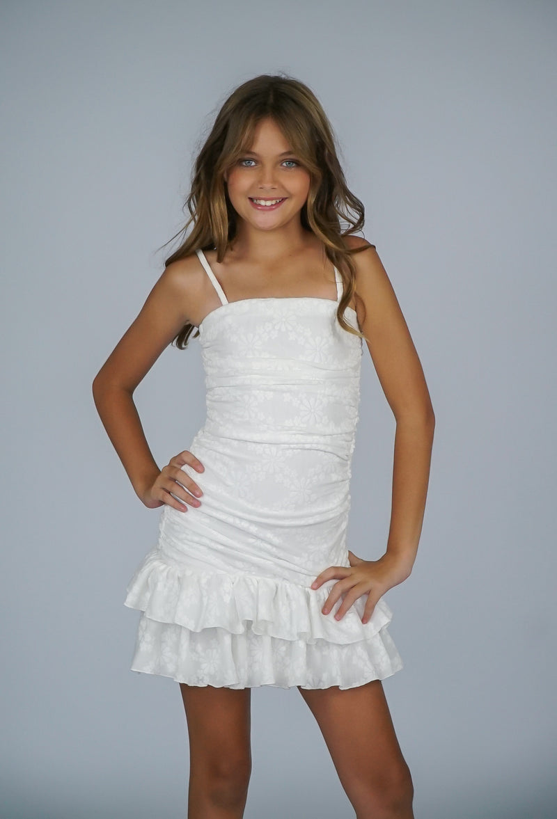*Emboss Flower Ruched Dress*