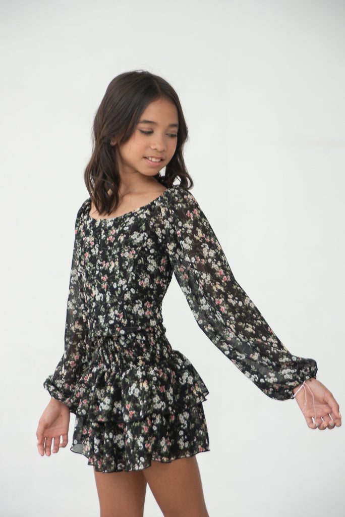 *Black Red Floral Print Corset Long Sleeve Top*