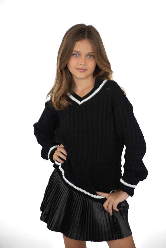 *Black V-Neck Cable Knit Sweater*
