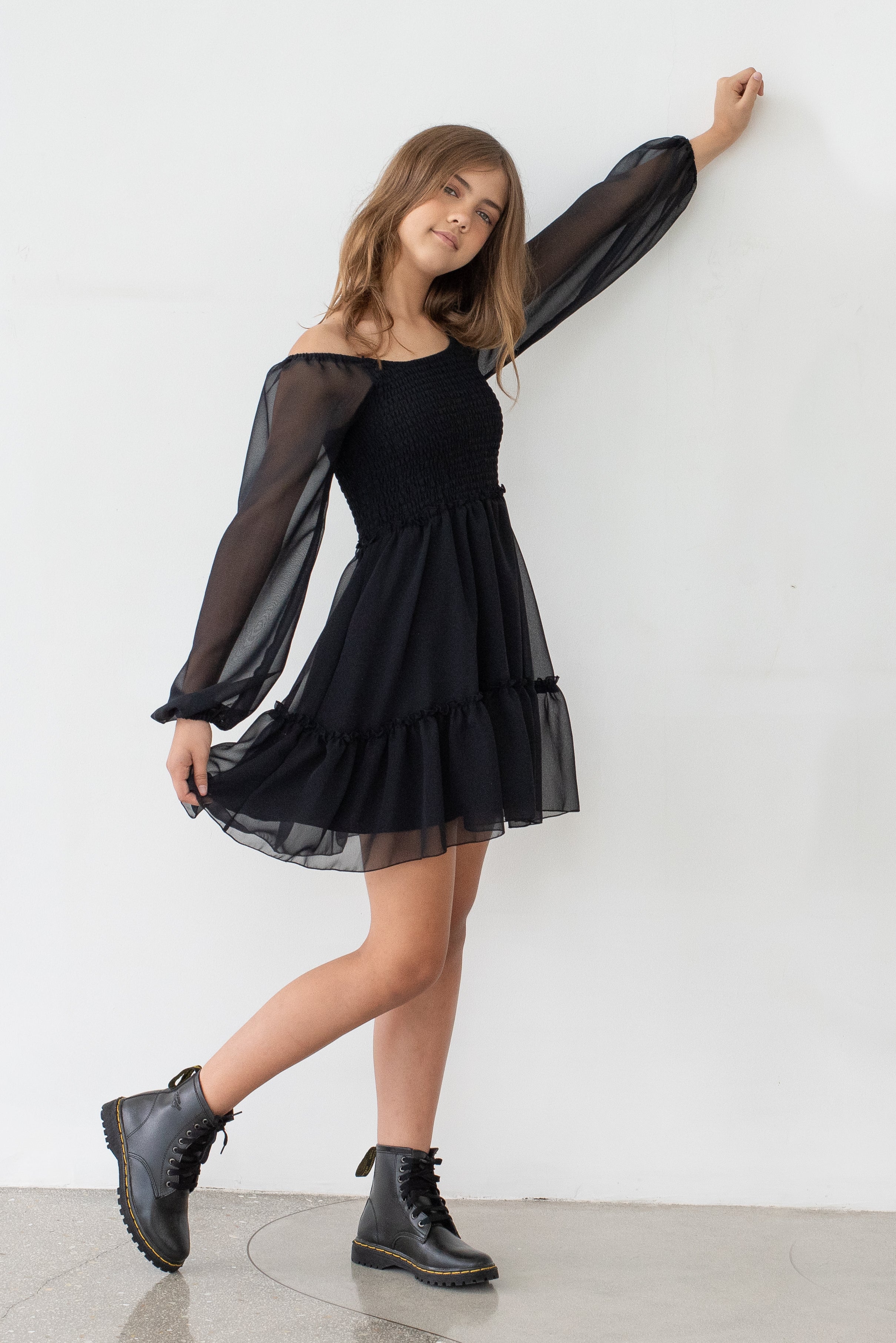 Shops black long sleeve frill dress