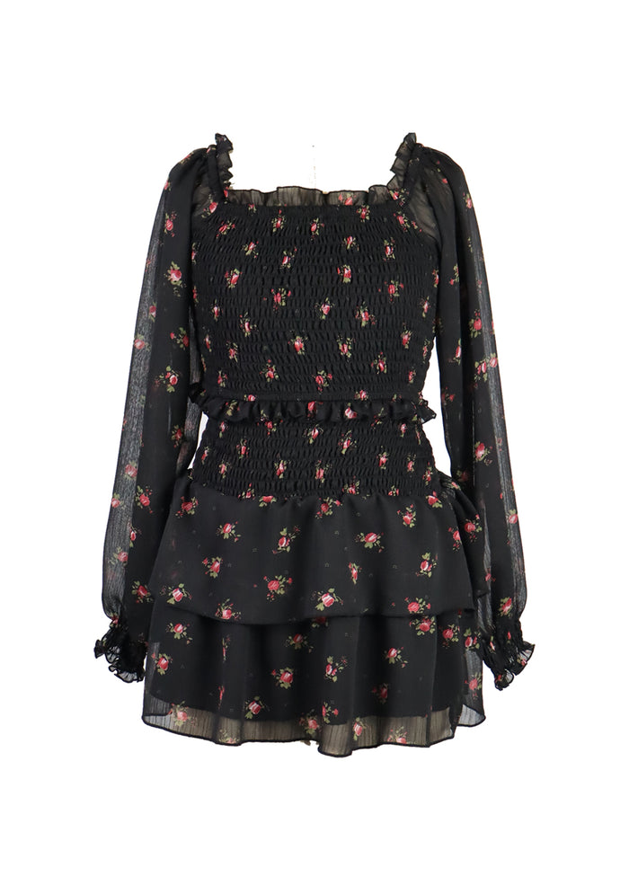 *Ciffon Floral Long Sleeve Smocked Dress*