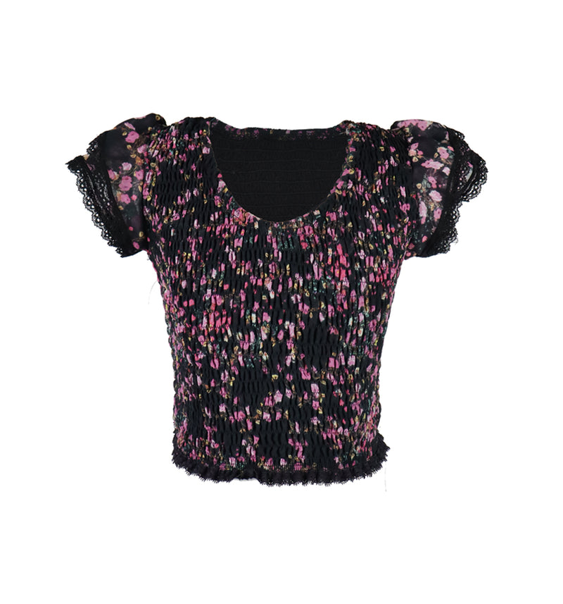 *Ciffon Floral Lace Ruffle Sleeve Top*