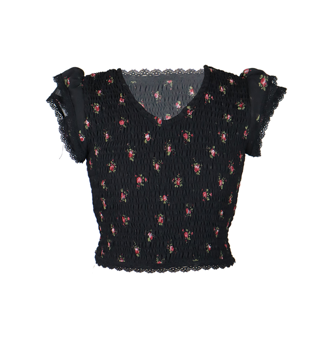 *Ciffon Floral Lace Ruffle Sleeve Top*