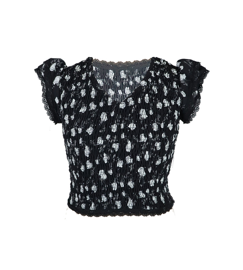 *Ciffon Floral Lace Ruffle Sleeve Top*