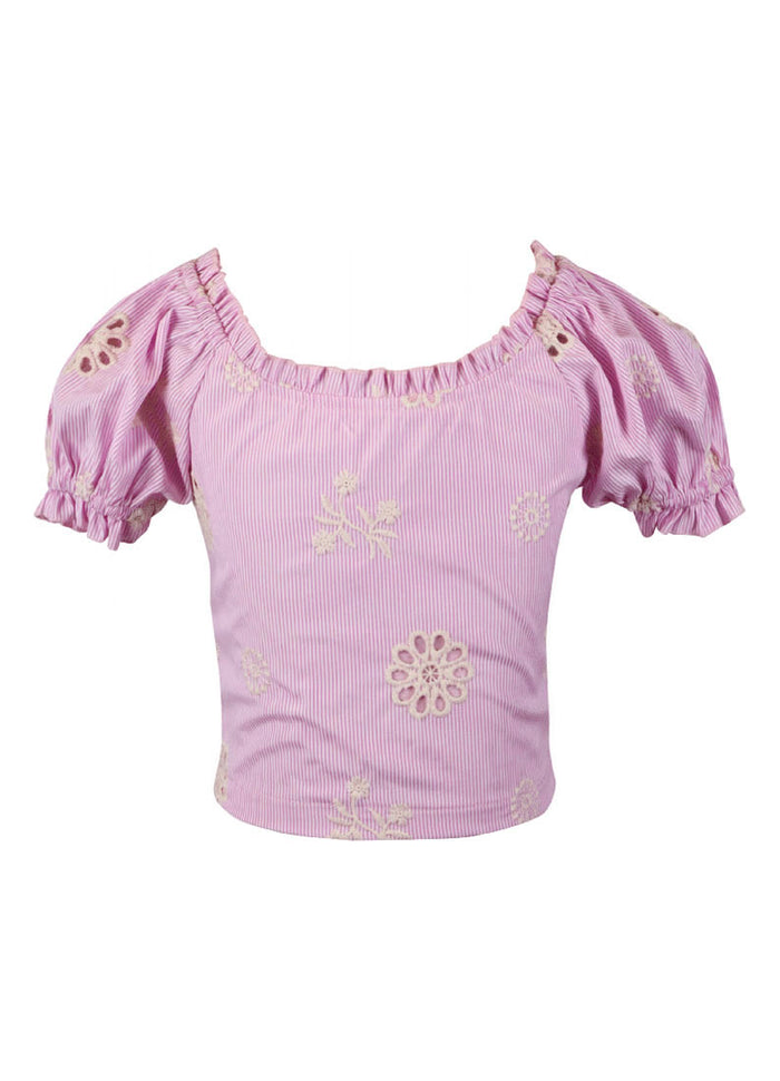 *Stripe Emboridery Puff Sleeve Top*