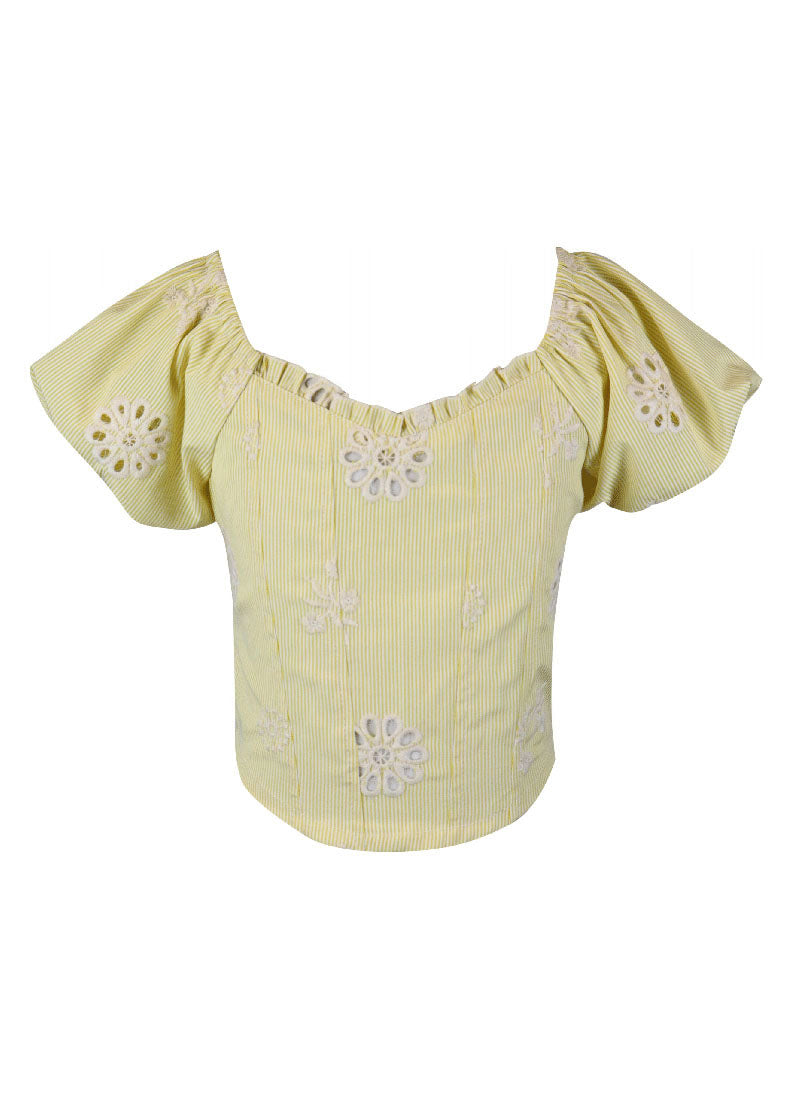 *Stripe Emboridery Puff Sleeve Top*