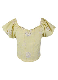 *Stripe Emboridery Puff Sleeve Top*