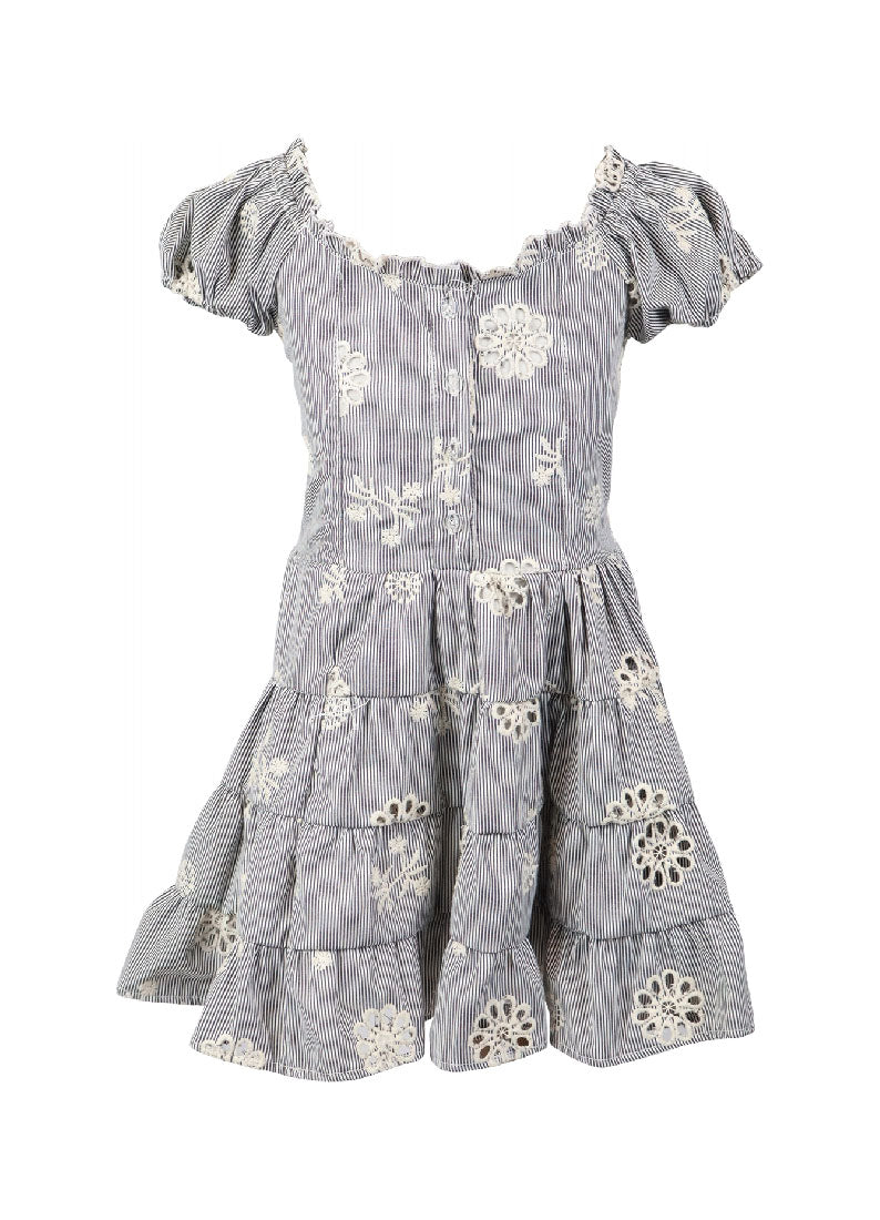 *Stripe Embroidery Puff Sleeve Dress*