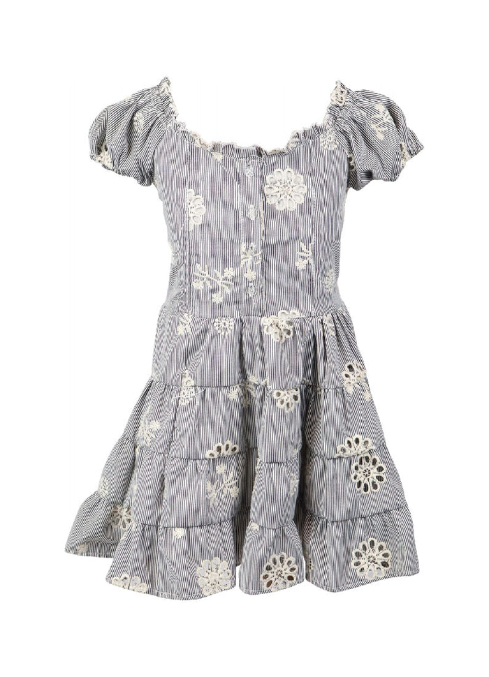 *Stripe Embroidery Puff Sleeve Dress*