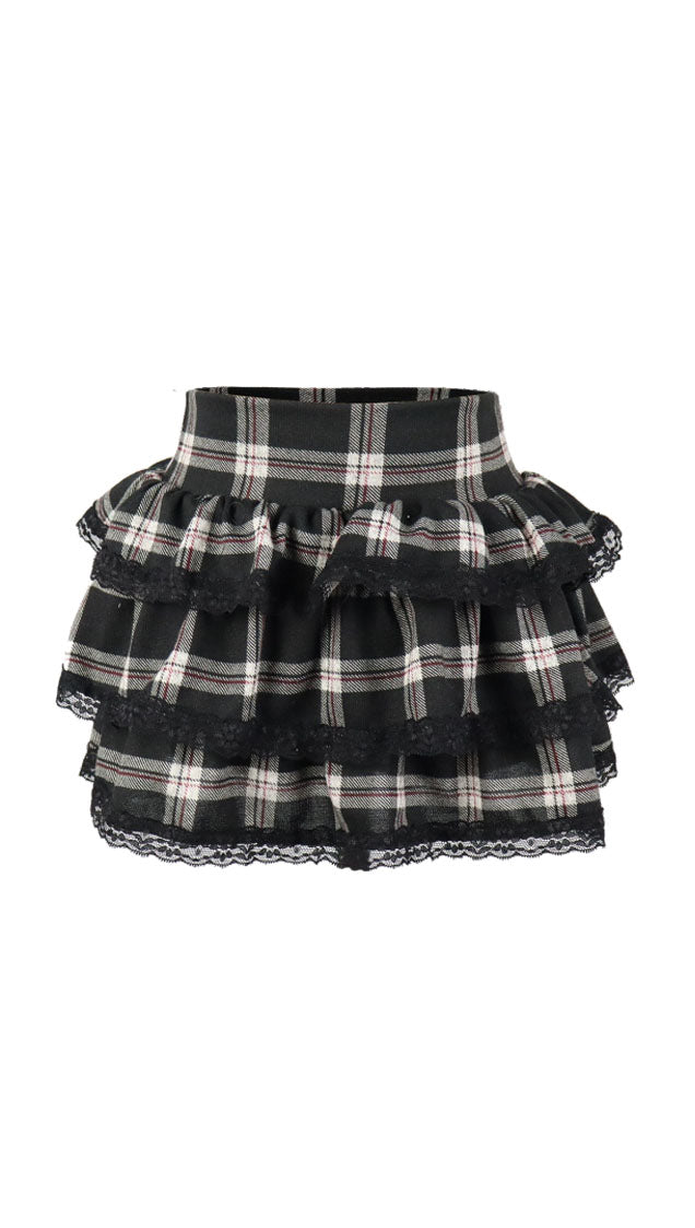 *Strecth Plaid Strecth Ruffle Skirt*