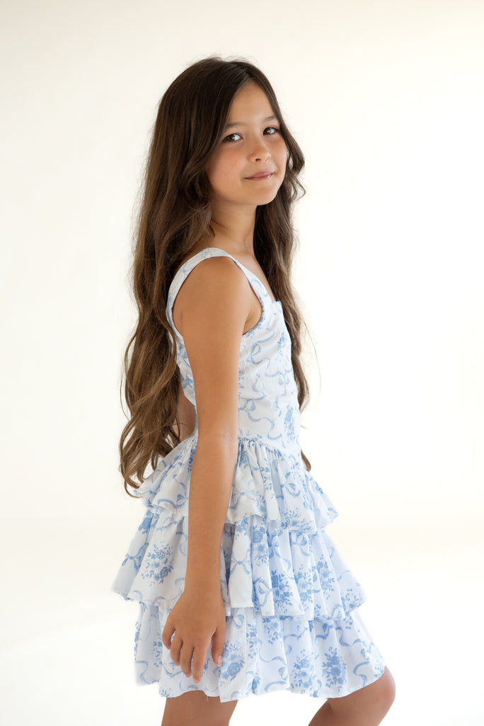 *Blue Bow Toile Corset Ruffle Dress*