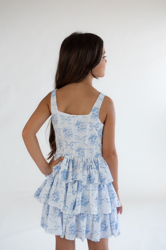 *Blue Bow Toile Corset Ruffle Dress*