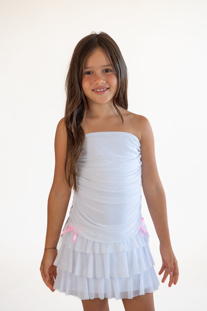 *Tulle Net Ruched Tube Top Dress*