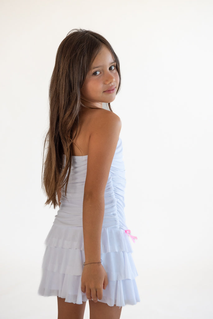 *Tulle Net Ruched Tube Top Dress*